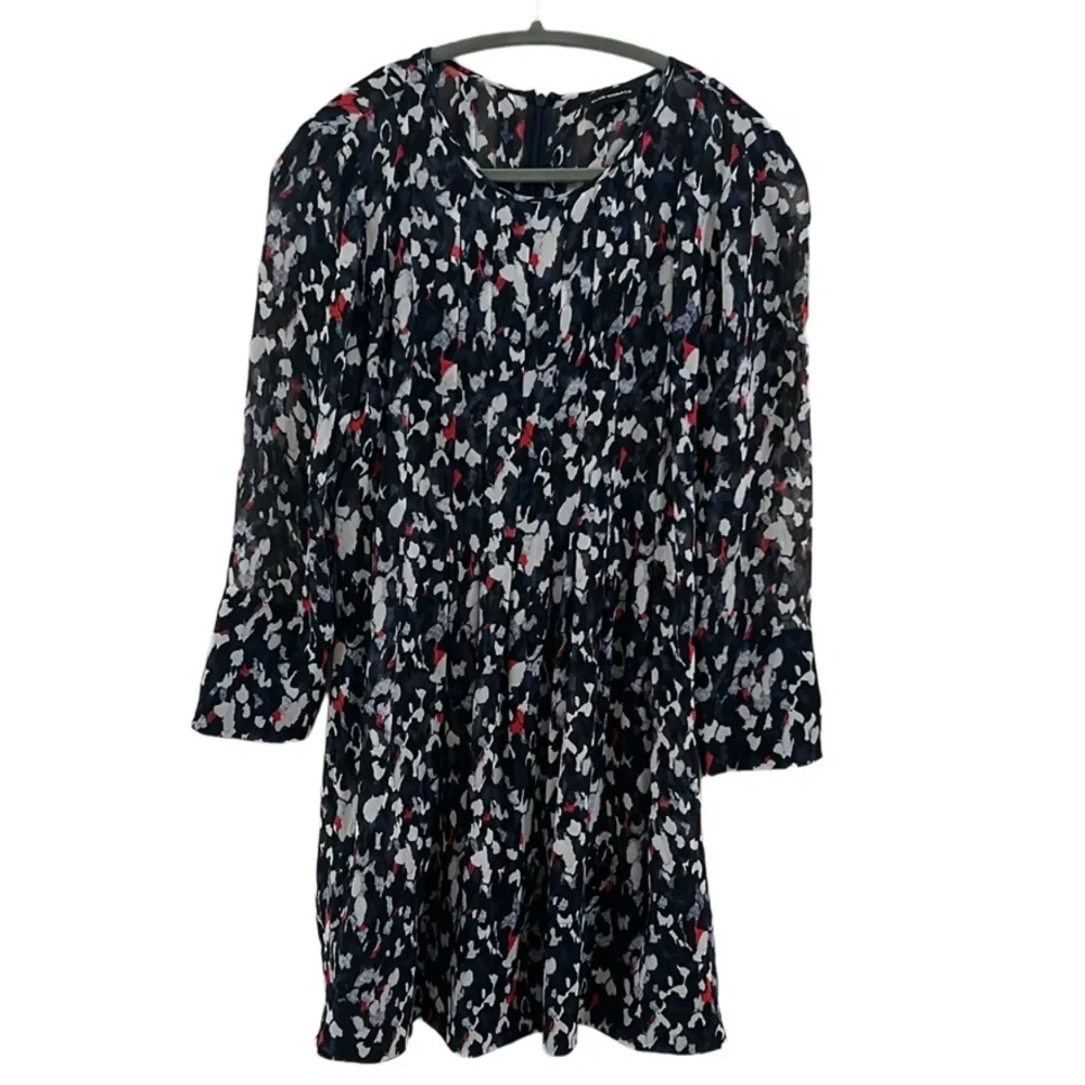 Club Monaco Women 8 Paint Splatter Navy‎ Mini Sheer Zipper Pleated 💯 Silk Dress